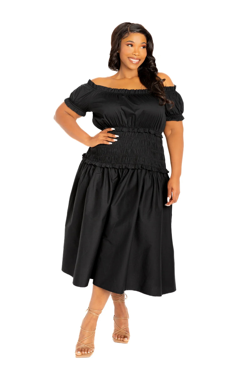 off the shoulder smocked midi dress White Smocked Off Shoulder Midi Dress Gabi Swimwear