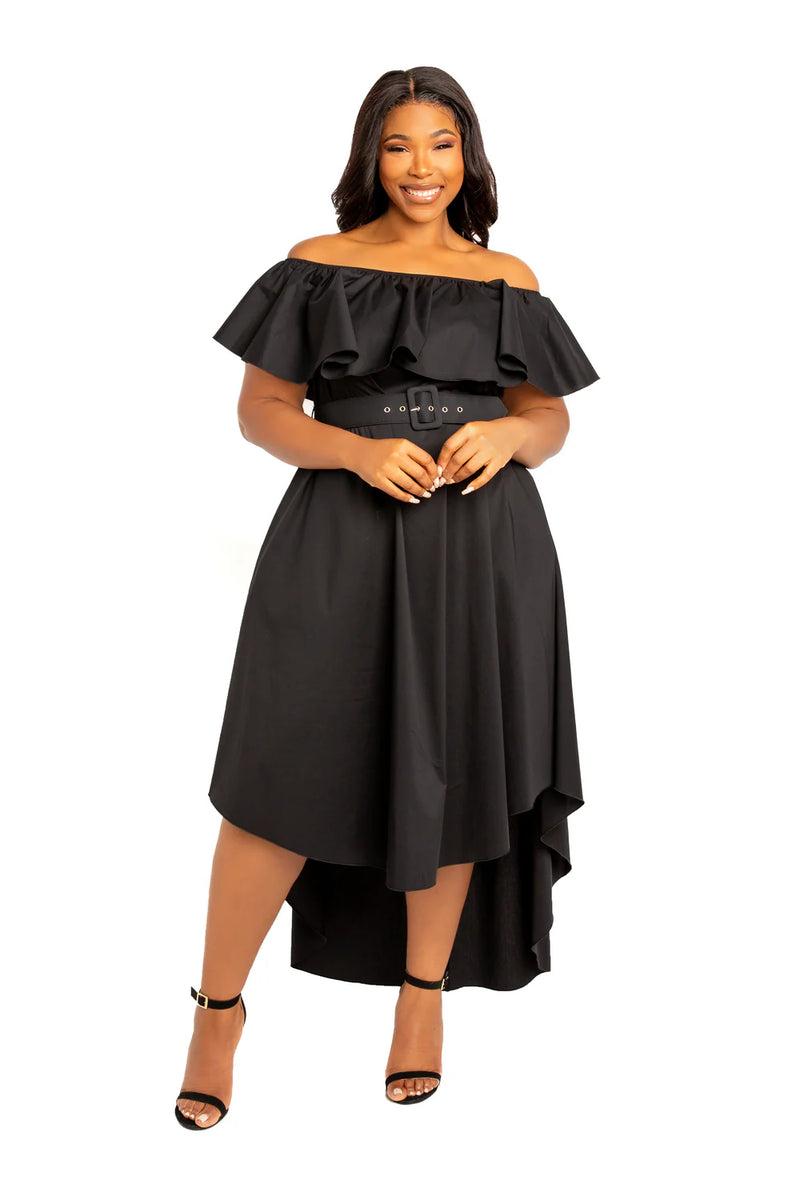 plus size black high low dress OFF SHOULDER FLOUNCE HIGH LOW DRESS – Thick