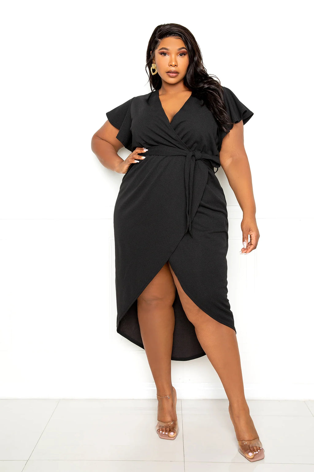 FLUTTER SLEEVE HIGH LOW WRAP DRESS