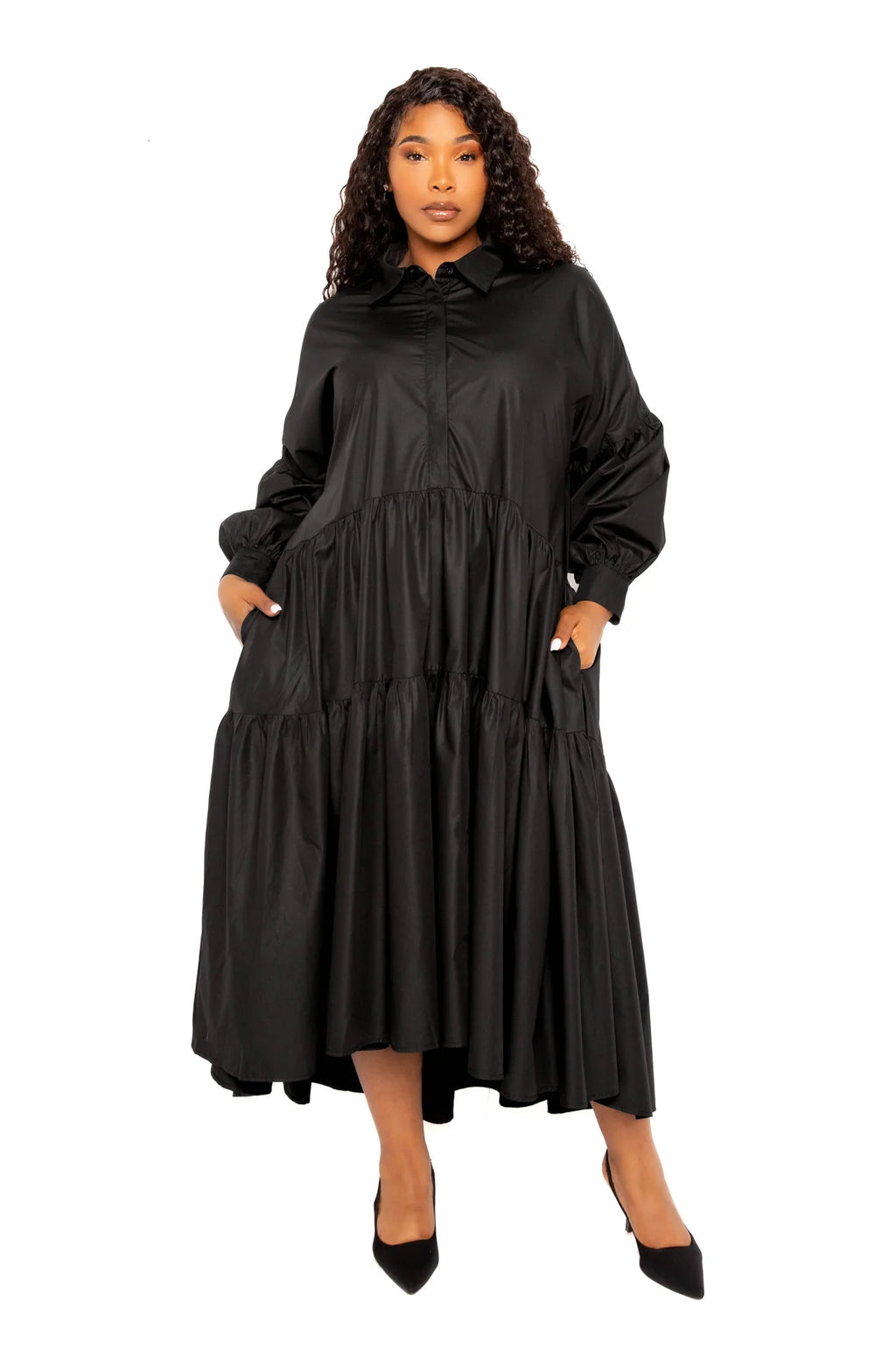 PUFF SLEEVE TIERED SHIRT DRESS