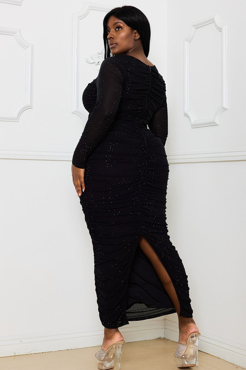 RHINESTONE ON MESH PLEATED PLUS SIZE MAXI DRESS Thick RHINESTONE ON MESH PLEATED PLUS SIZE MAXI DRESS Thick