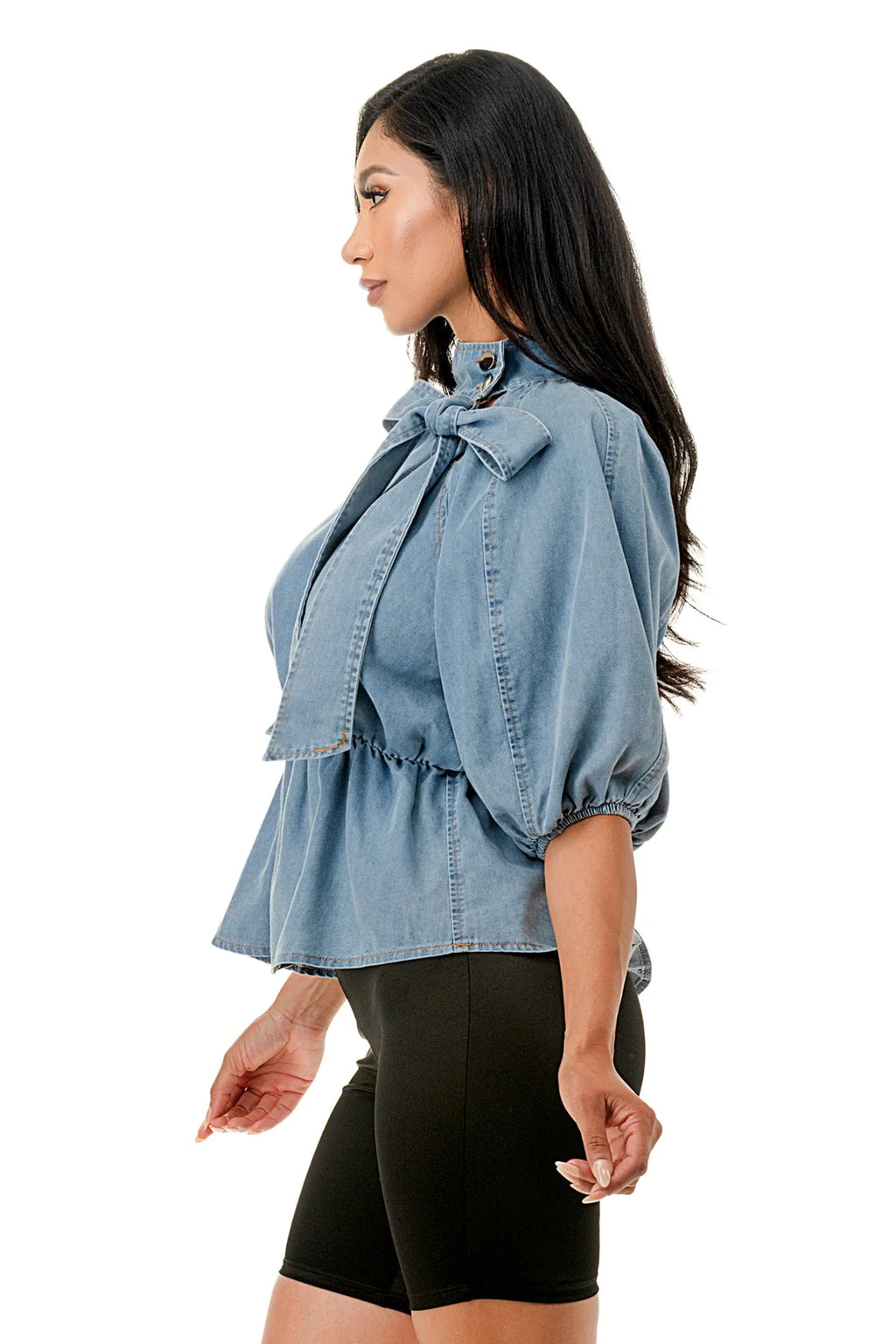 SHORT SLEEVE MOCK NECK TIED DENIM SHIRT