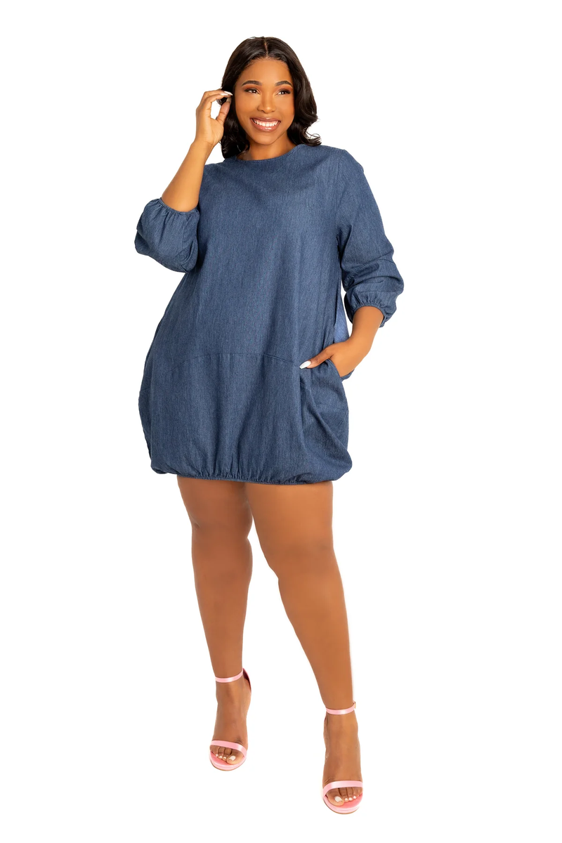 BUBBLED DENIM MINI DRESS Thick BUBBLED DENIM MINI DRESS Thick