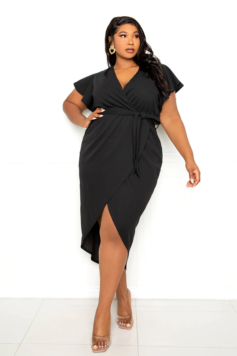 FLUTTER SLEEVE HIGH LOW WRAP DRESS