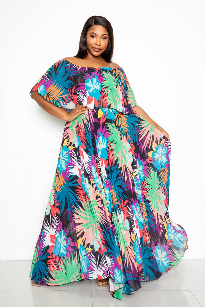 tropical pleated maxi dress Palm Paradise Pleated Floral Satin Maxi Dress Blue Multi Small
