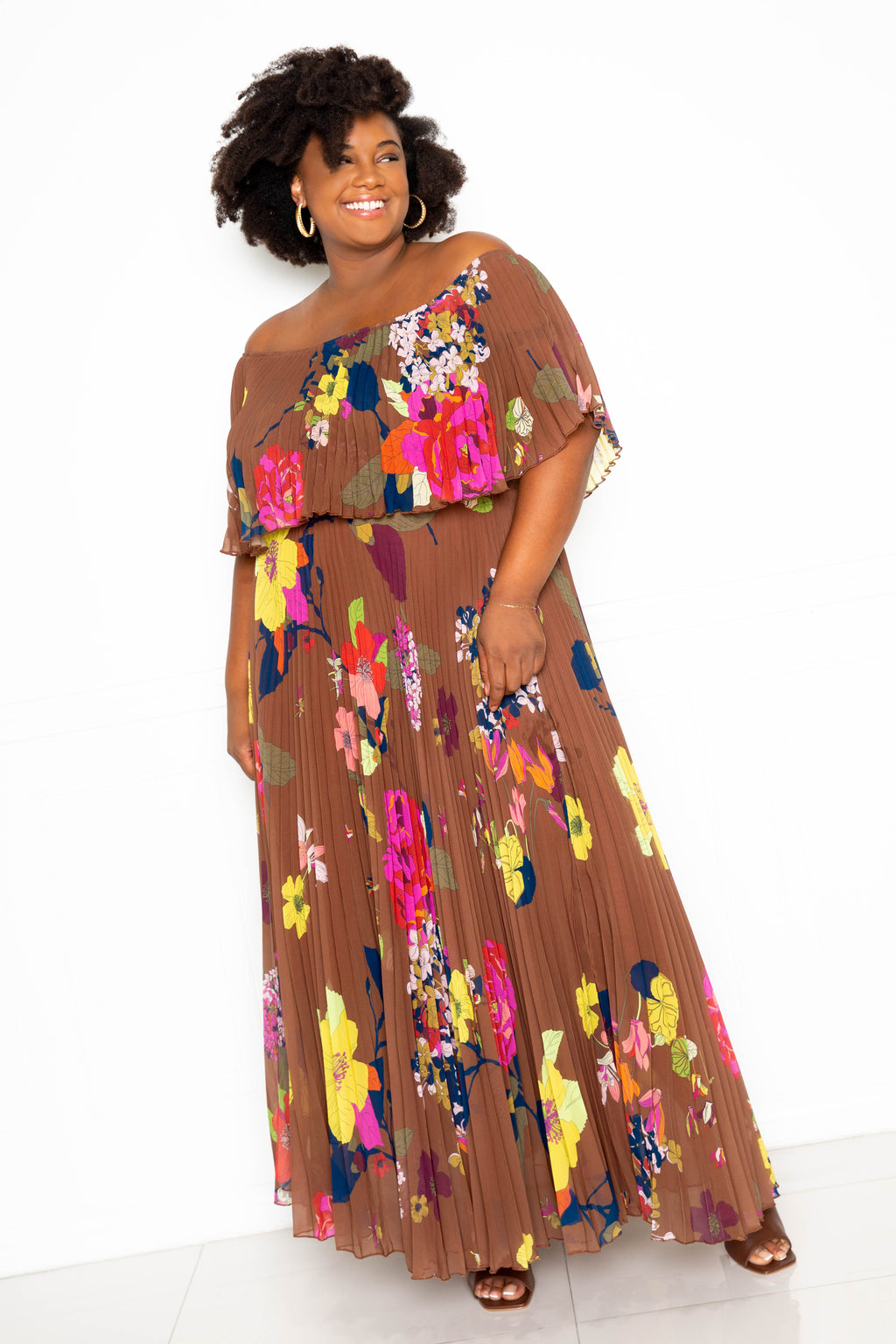 FLOWER OFF SHOULDER PLEATED MAXI DRESS