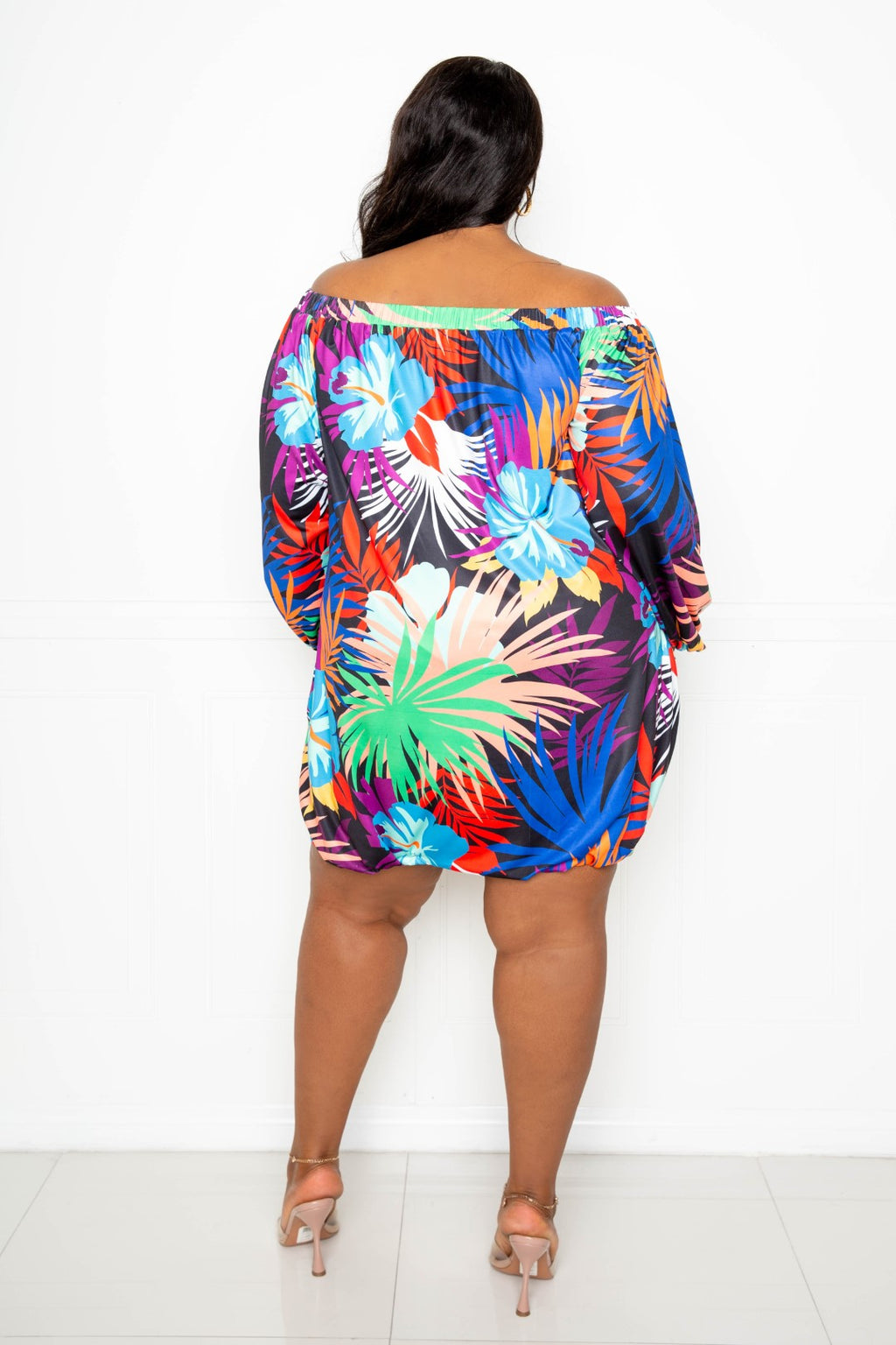 TROPICAL OFF SHOULDER BUBBLE MINI DRESS