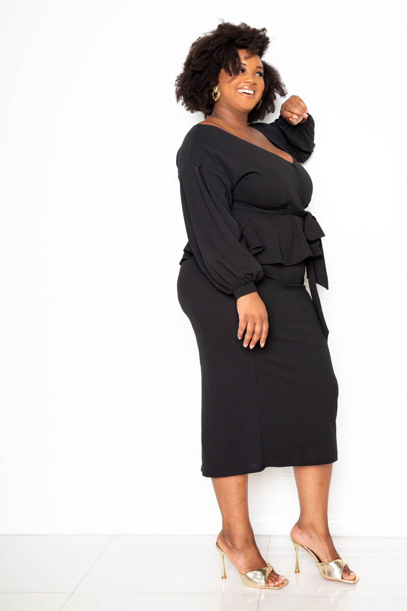 plus size off the shoulder peplum dress L I V D Plus Size Kira Neoprene Peplum Dress