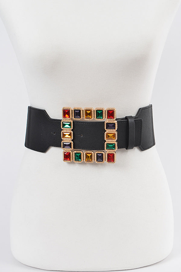 SQUARE SHAPE GLASS BUCKLE PLUS SIZE ELASTIC BELT