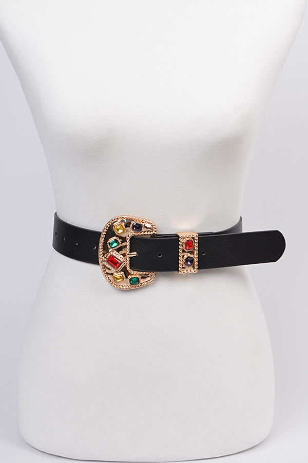 JEWELED BUCKLE FAUX LEATHER BELT – Thick