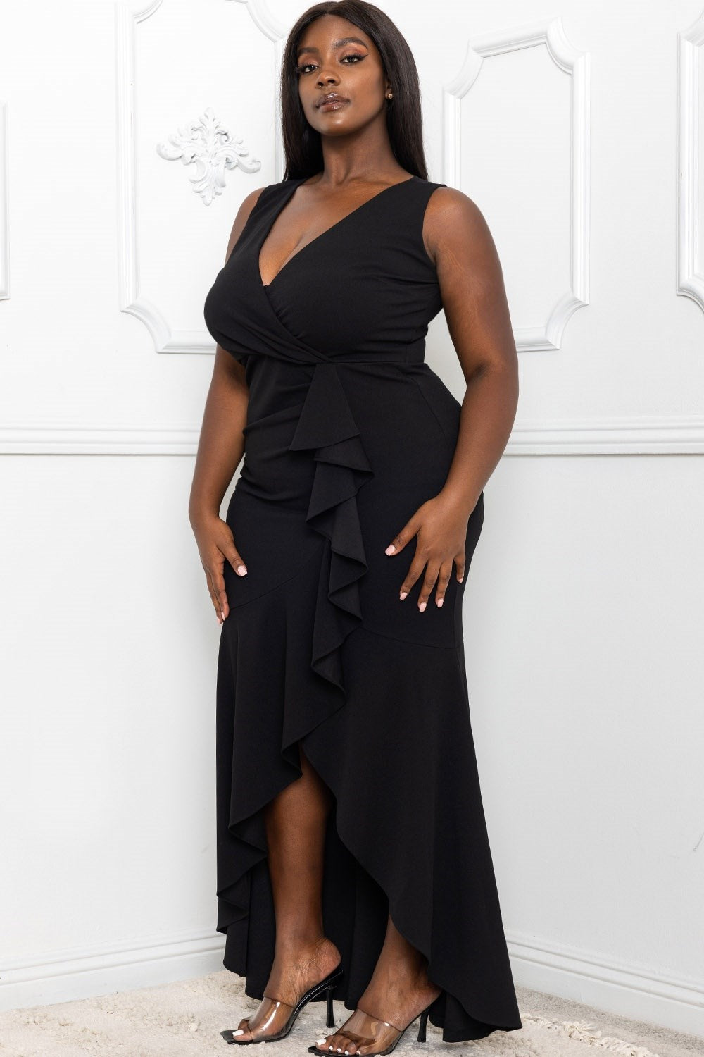 RUFFLE WITH FLARE SKIRT PLUS SIZE MAXI DRESS