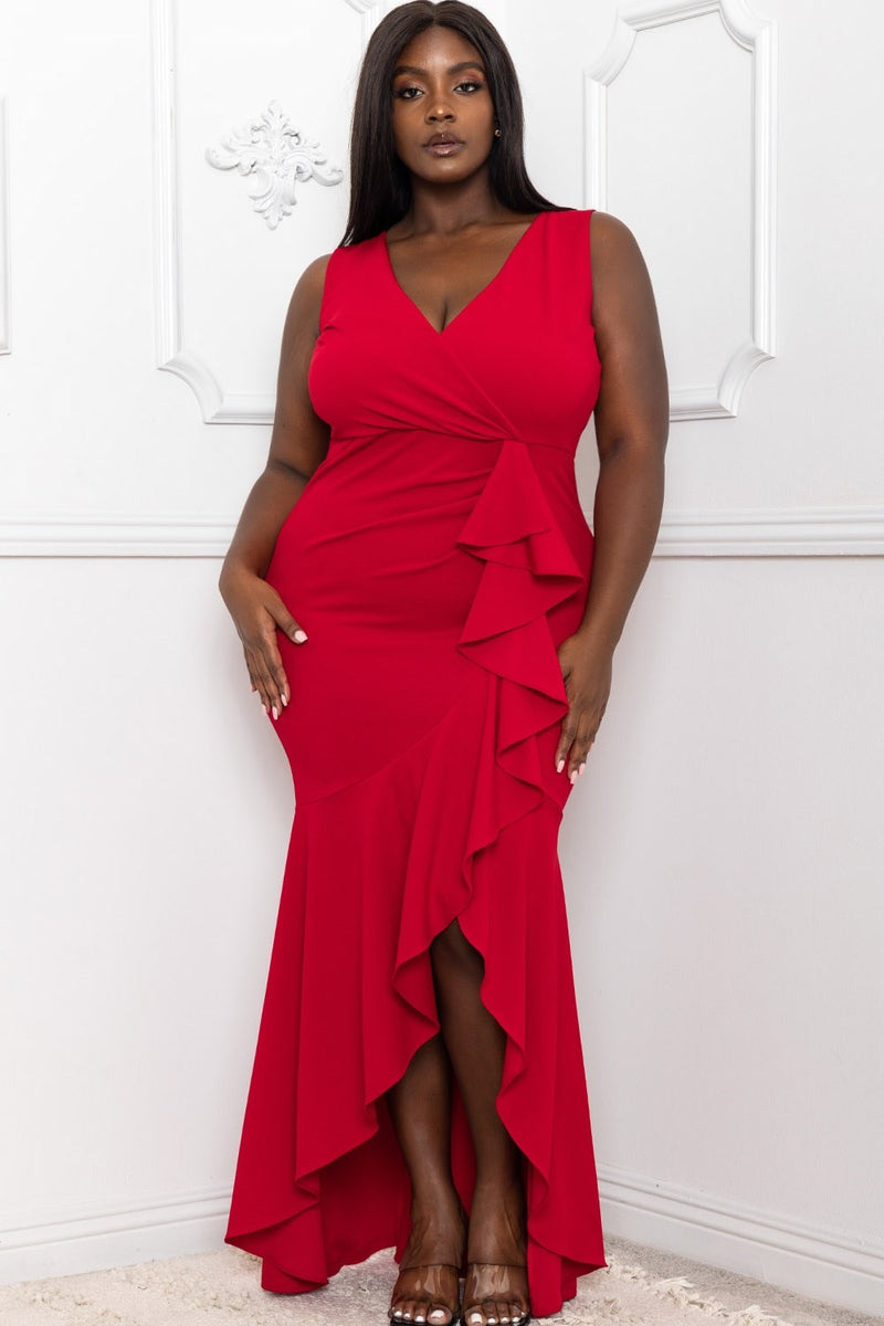 RUFFLE WITH FLARE SKIRT PLUS SIZE MAXI DRESS Thick RUFFLE WITH FLARE SKIRT PLUS SIZE MAXI DRESS Thick