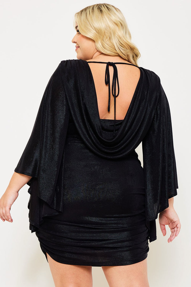 FOIL KIMONO SLEEVE PLEATED PLUS SIZE MINI DRESS