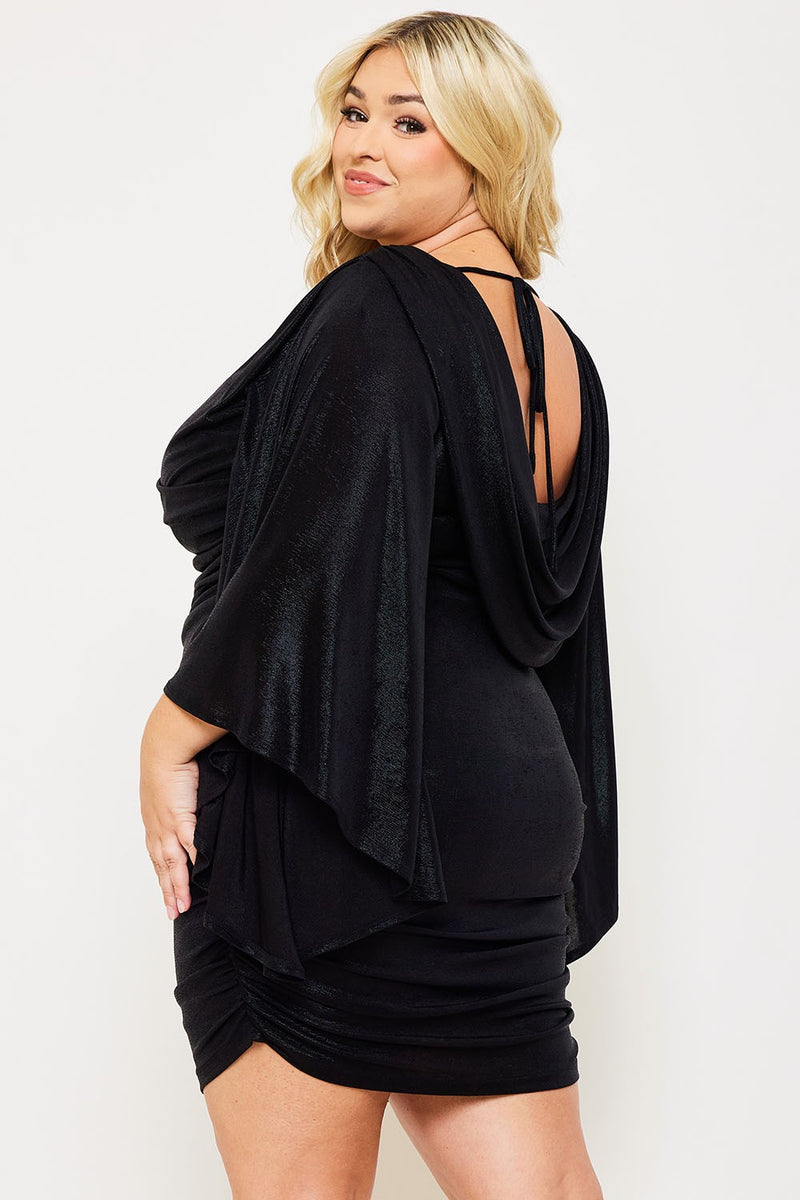 FOIL KIMONO SLEEVE PLEATED PLUS SIZE MINI DRESS