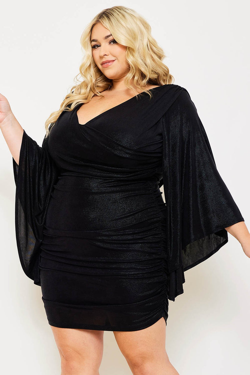 FOIL KIMONO SLEEVE PLEATED PLUS SIZE MINI DRESS