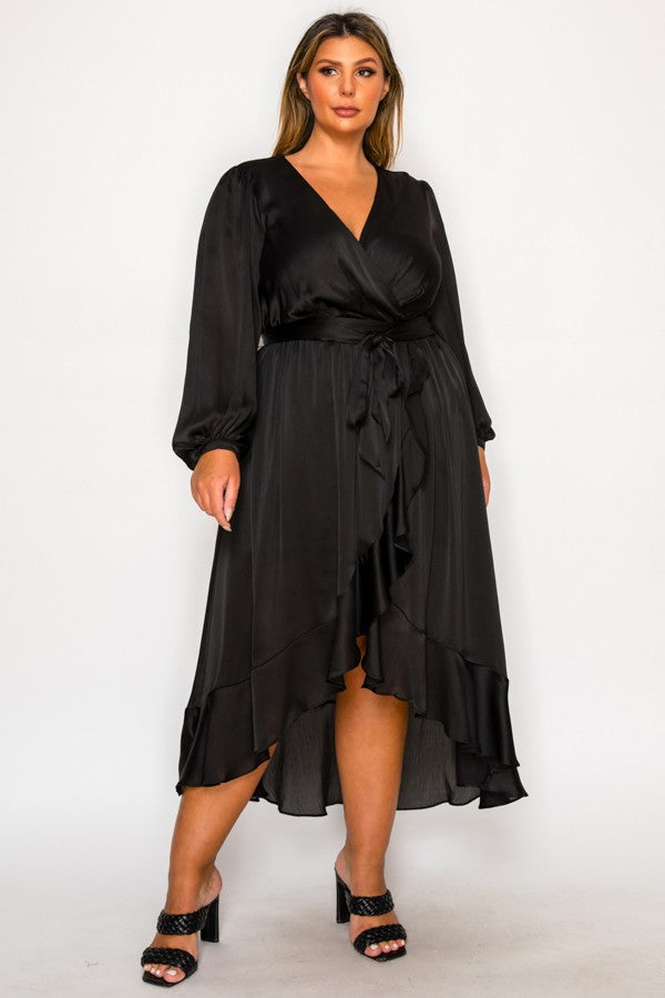 FRONT TIE LONG SLEEVE HIGH LOW DRESS