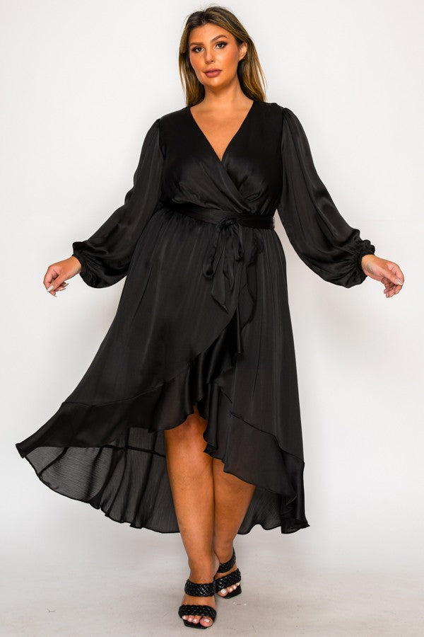 FRONT TIE LONG SLEEVE HIGH LOW DRESS