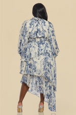 BUBBLE SLEEVE ASMETRIC RUFFLE DRESS