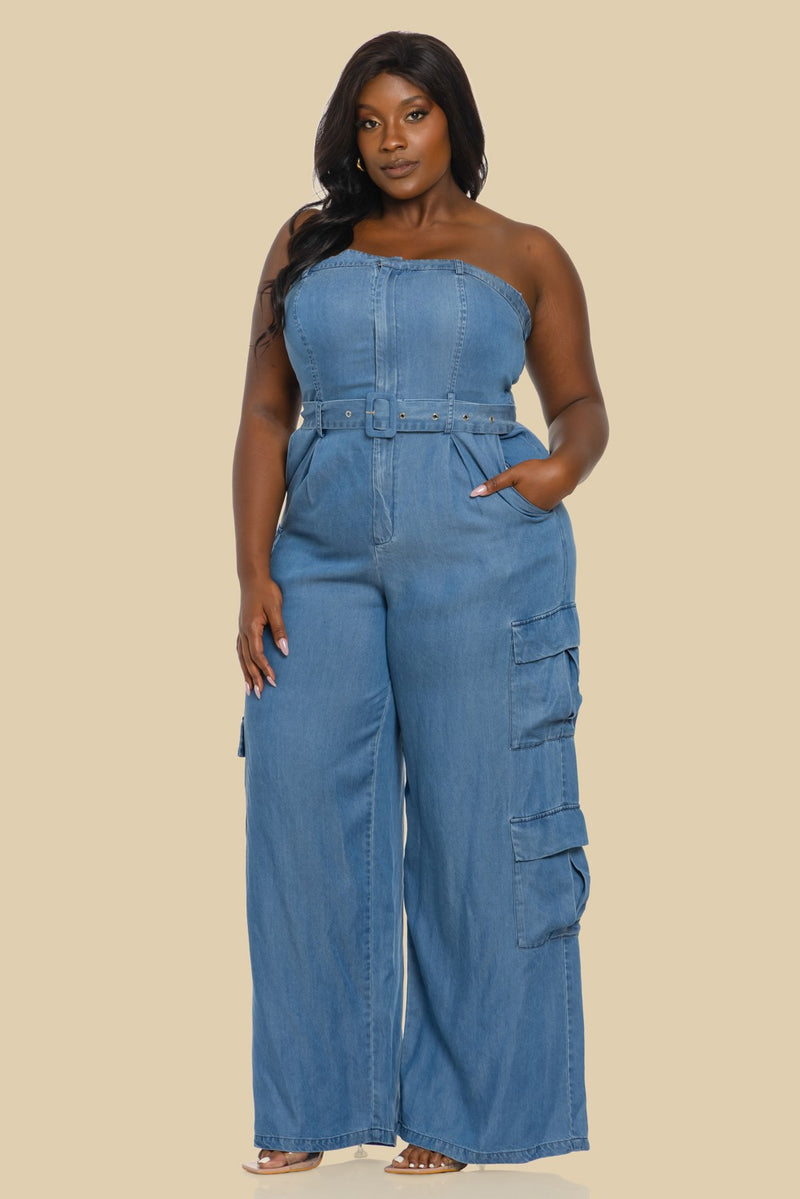 DENIM UNBALANCED TUBE TOP JUMPSUIT