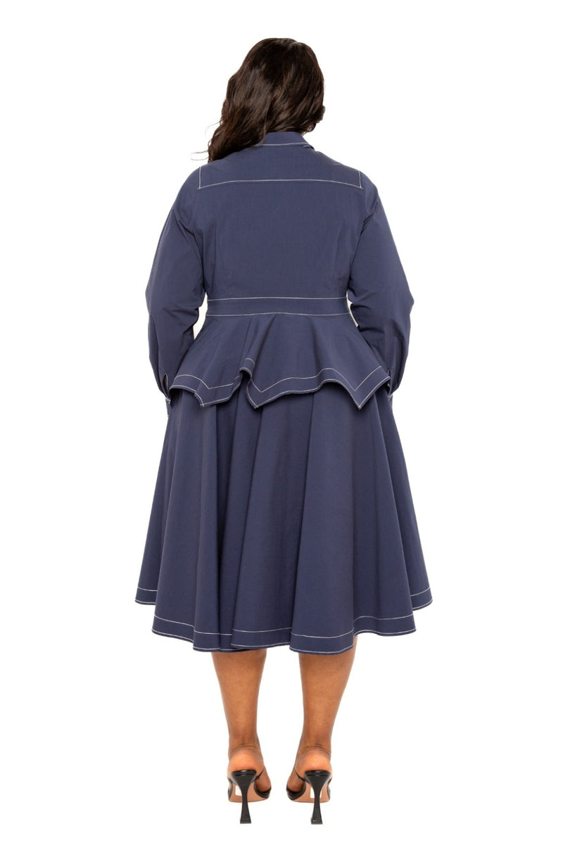 TOPSTITCHED  LONG SLEEVE PEPLUM SHIRT DRESS