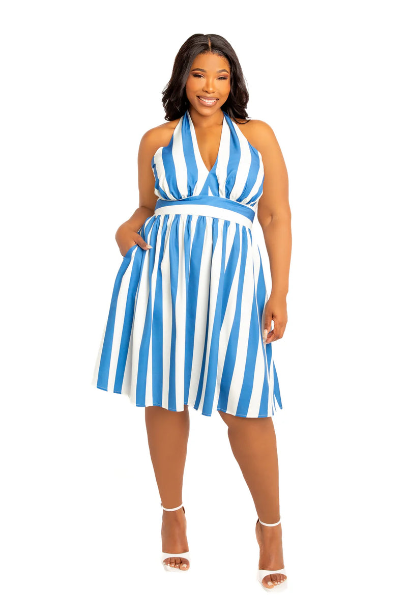 STRIPE HALTER NECK MINI DRESS