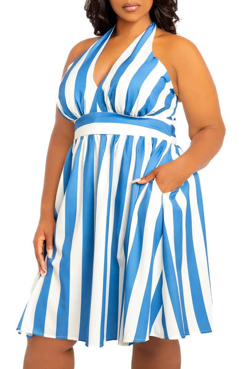 STRIPE HALTER NECK MINI DRESS