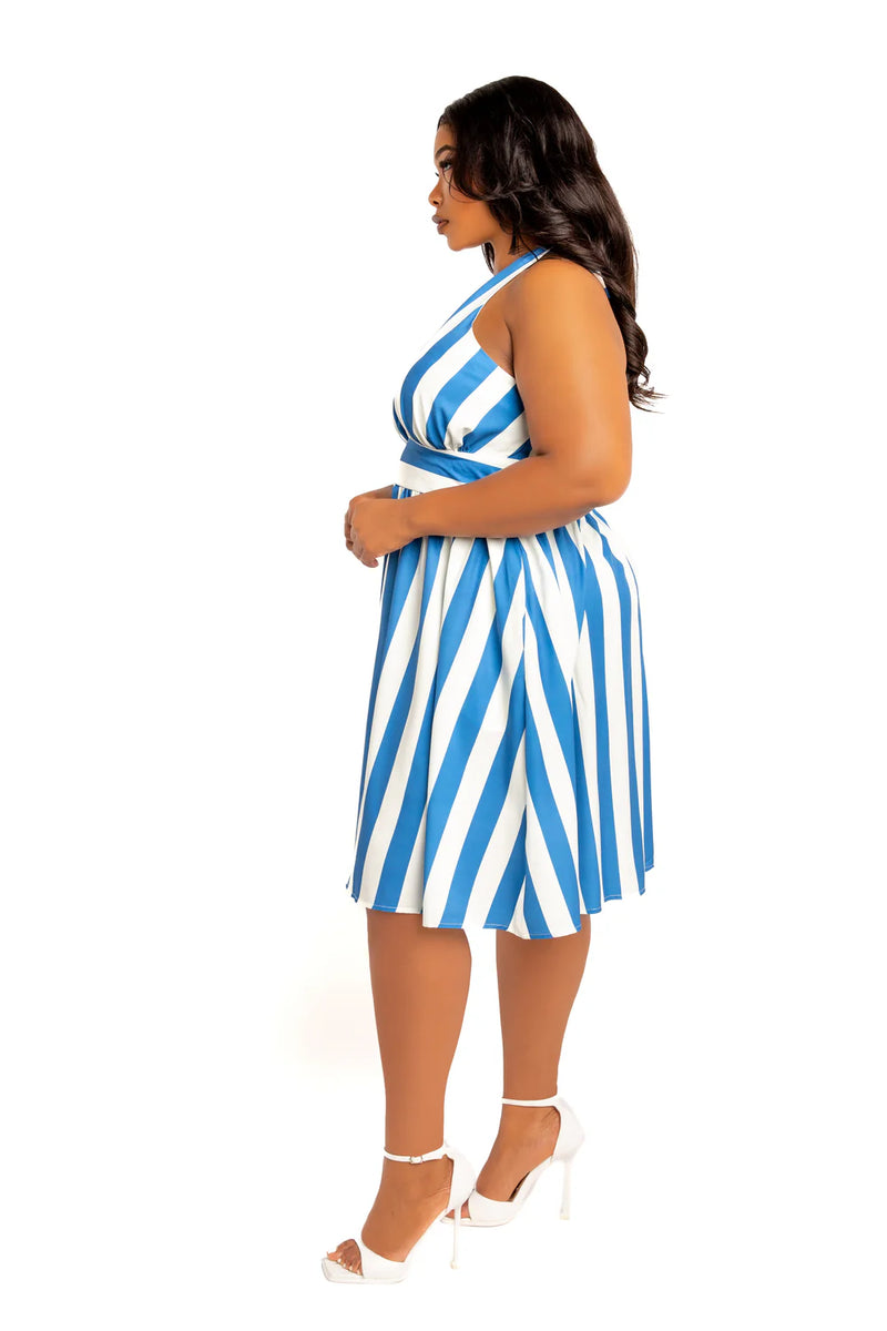 STRIPE HALTER NECK MINI DRESS