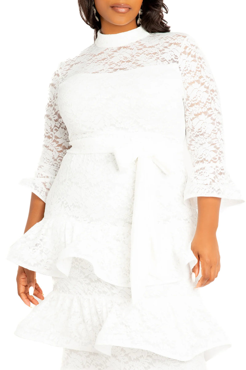 LACE BELL SLEEVE TIERED DRESS