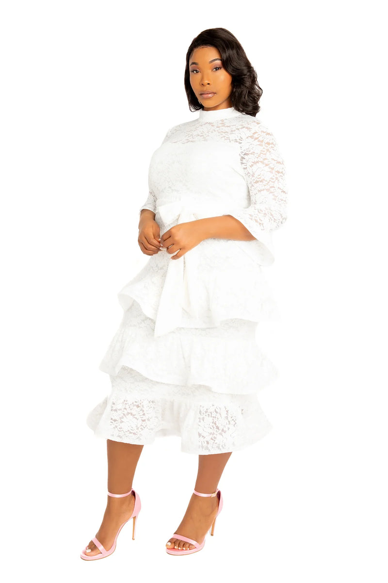 LACE BELL SLEEVE TIERED DRESS