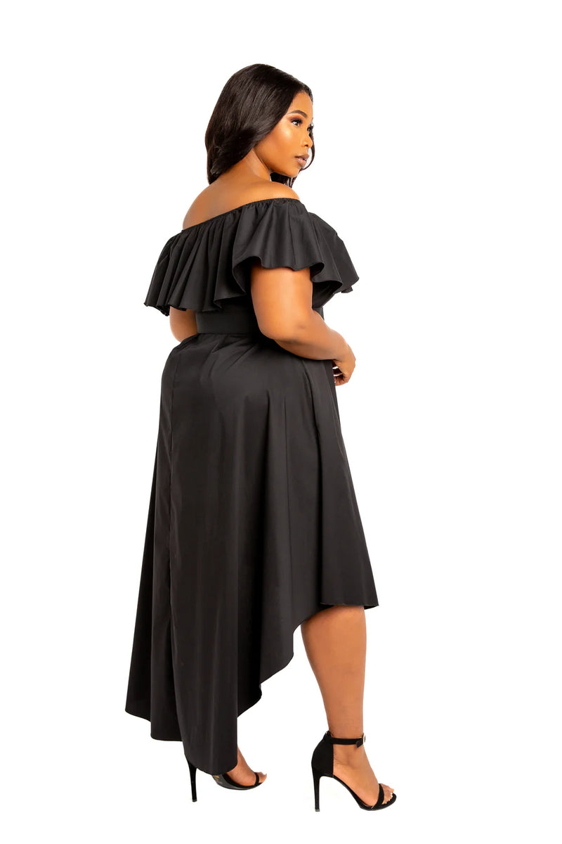 OFF SHOULDER FLOUNCE HIGH LOW DRESS