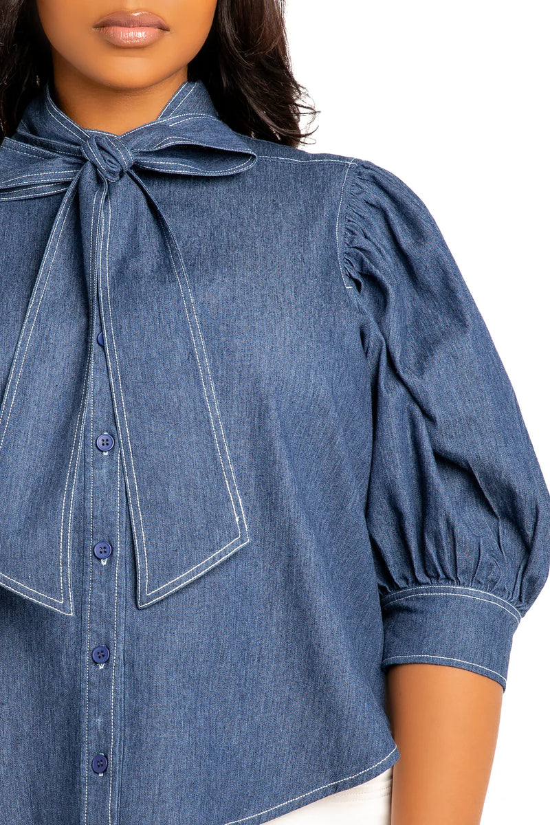 BOW NECK SHORT SLEEVE DENIM BLOUSE