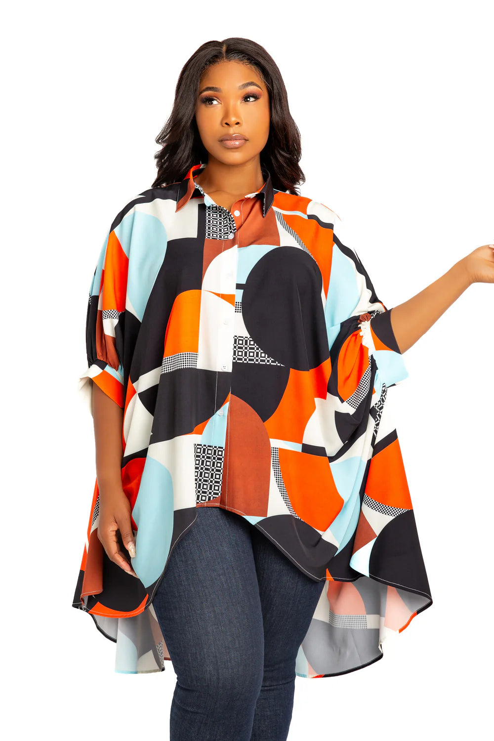 GEOMETRIC PRINT FLOWY HI-LO BLOUSE