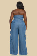 DENIM UNBALANCED TUBE TOP JUMPSUIT