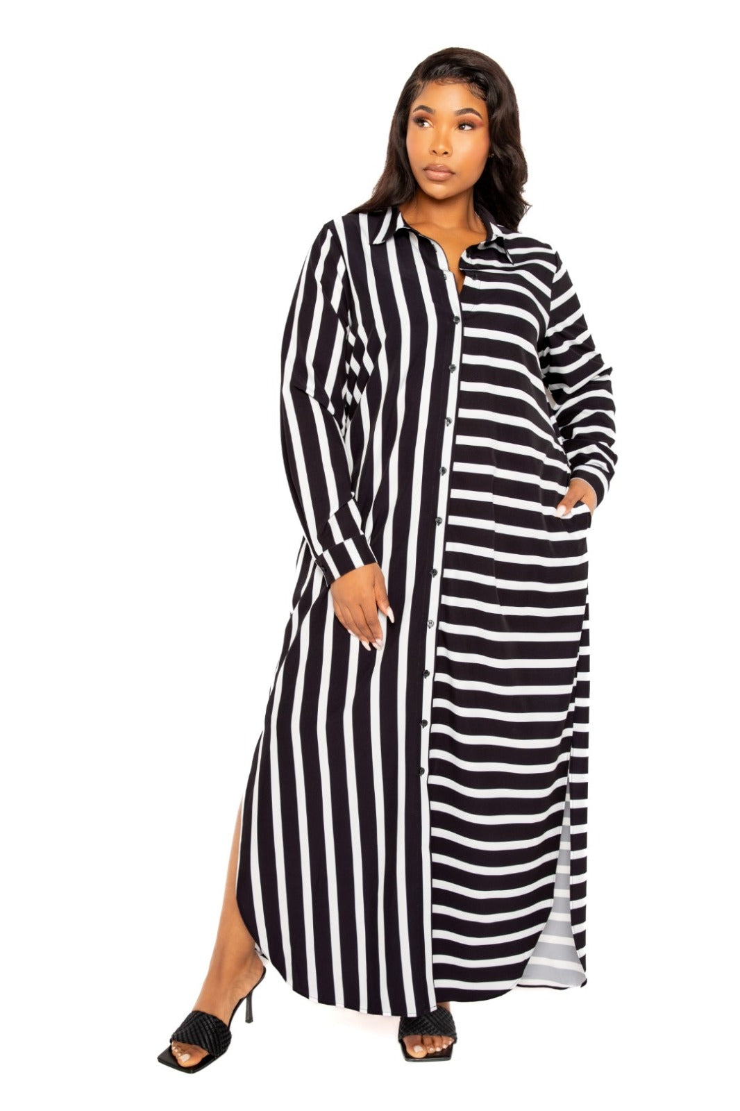 LONG SLEEVE BUTTON-UP MAXI SHIRTDRESS Thick LONG SLEEVE BUTTON-UP MAXI SHIRTDRESS Thick