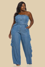 DENIM UNBALANCED TUBE TOP JUMPSUIT