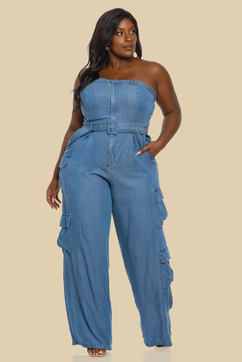 DENIM UNBALANCED TUBE TOP JUMPSUIT