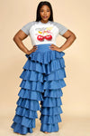 TIERED HIGH WAIIST DENIM PANTS