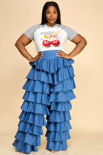 TIERED HIGH WAIIST DENIM PANTS
