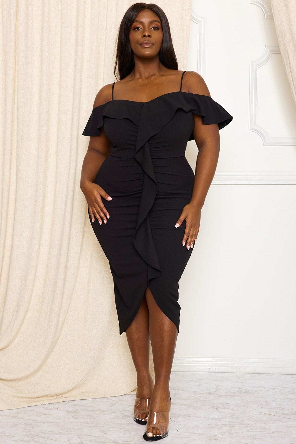 OPEN SHOULDER WITH RUFFLE LAYER PLUS SIZE MIDI DRESS