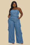 DENIM UNBALANCED TUBE TOP JUMPSUIT