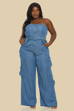 DENIM UNBALANCED TUBE TOP JUMPSUIT