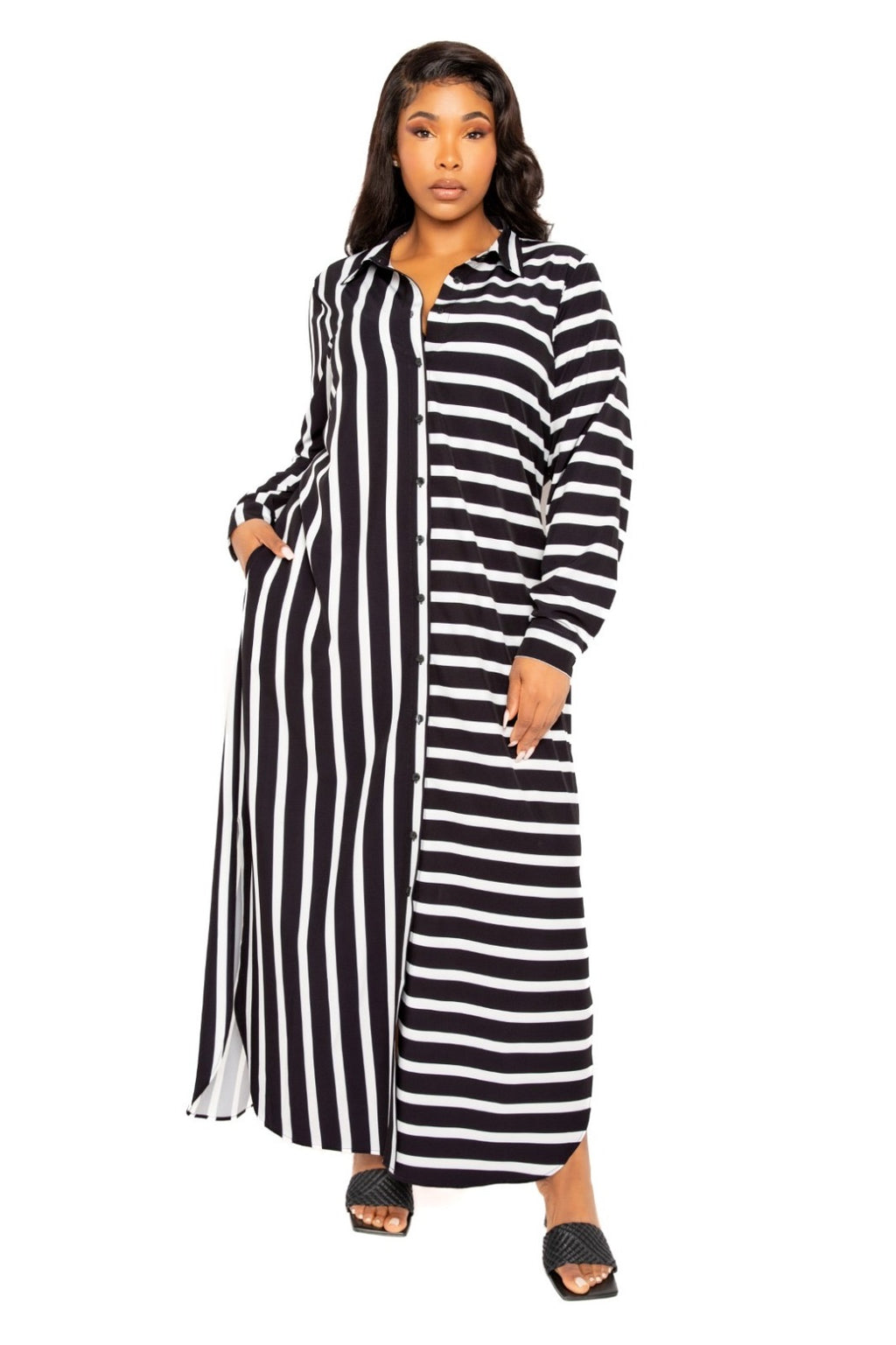 LONG SLEEVE BUTTON-UP MAXI SHIRTDRESS – Thick LONG SLEEVE BUTTON-UP MAXI SHIRTDRESS – Thick