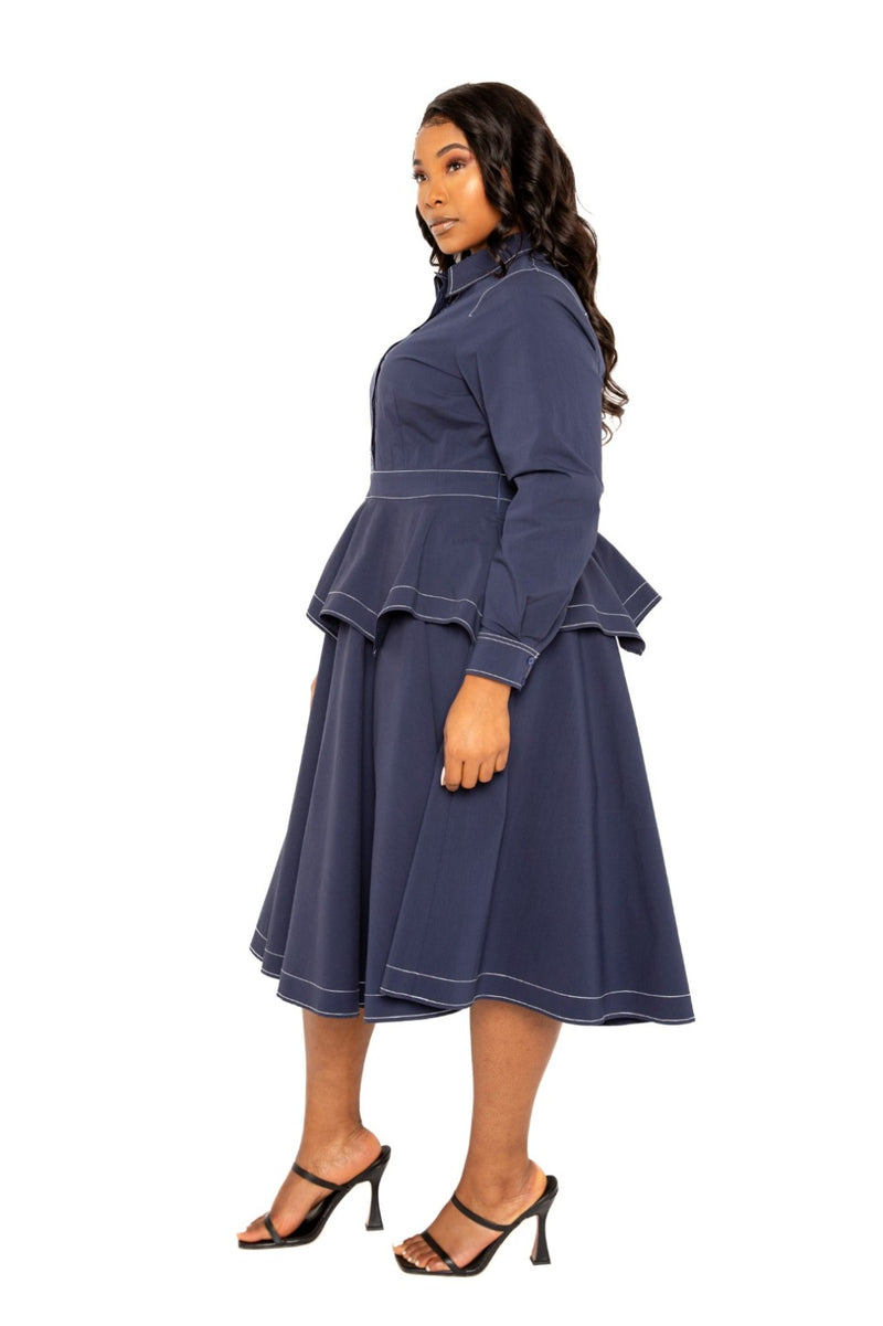 TOPSTITCHED  LONG SLEEVE PEPLUM SHIRT DRESS