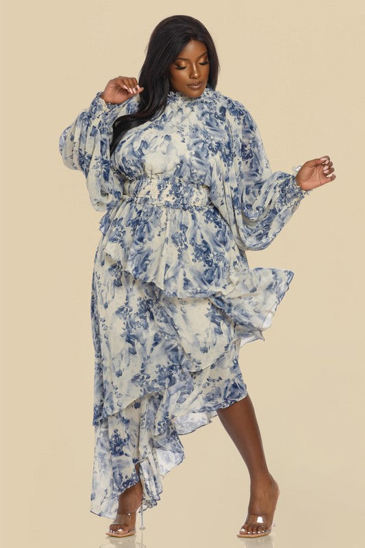 BUBBLE SLEEVE ASMETRIC RUFFLE DRESS