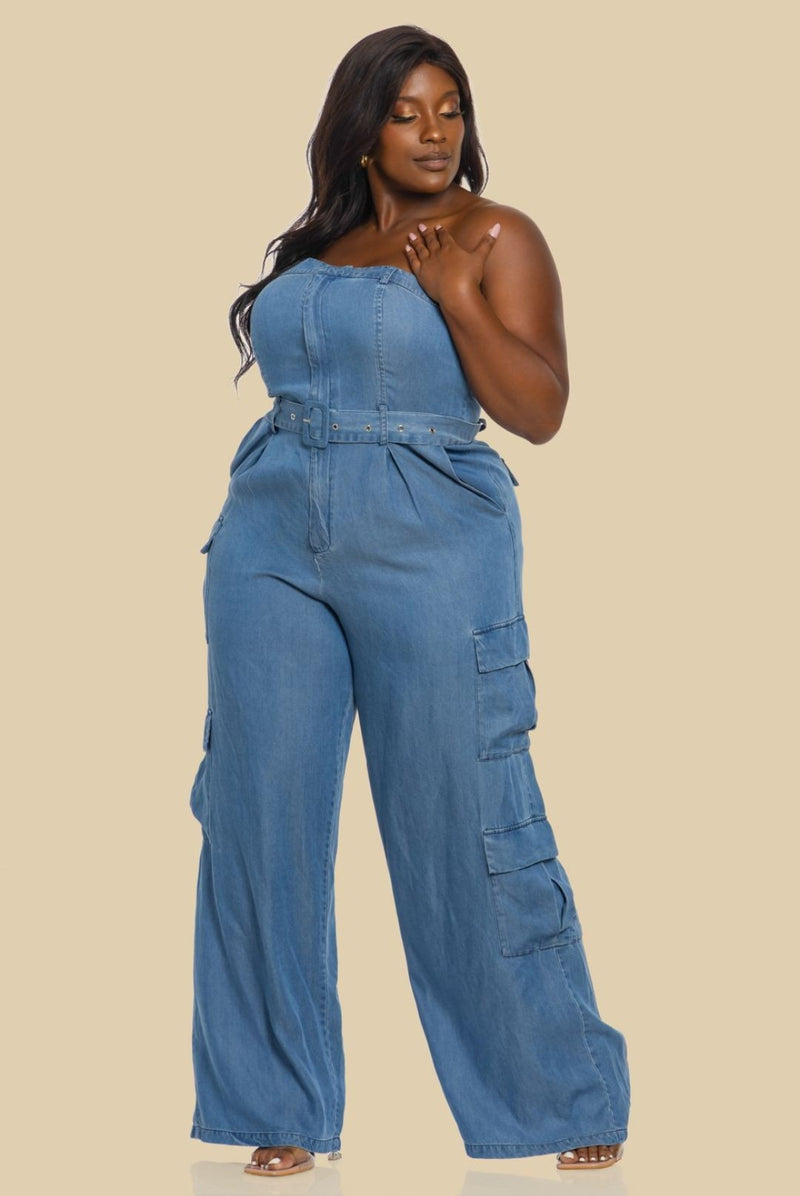 DENIM UNBALANCED TUBE TOP JUMPSUIT