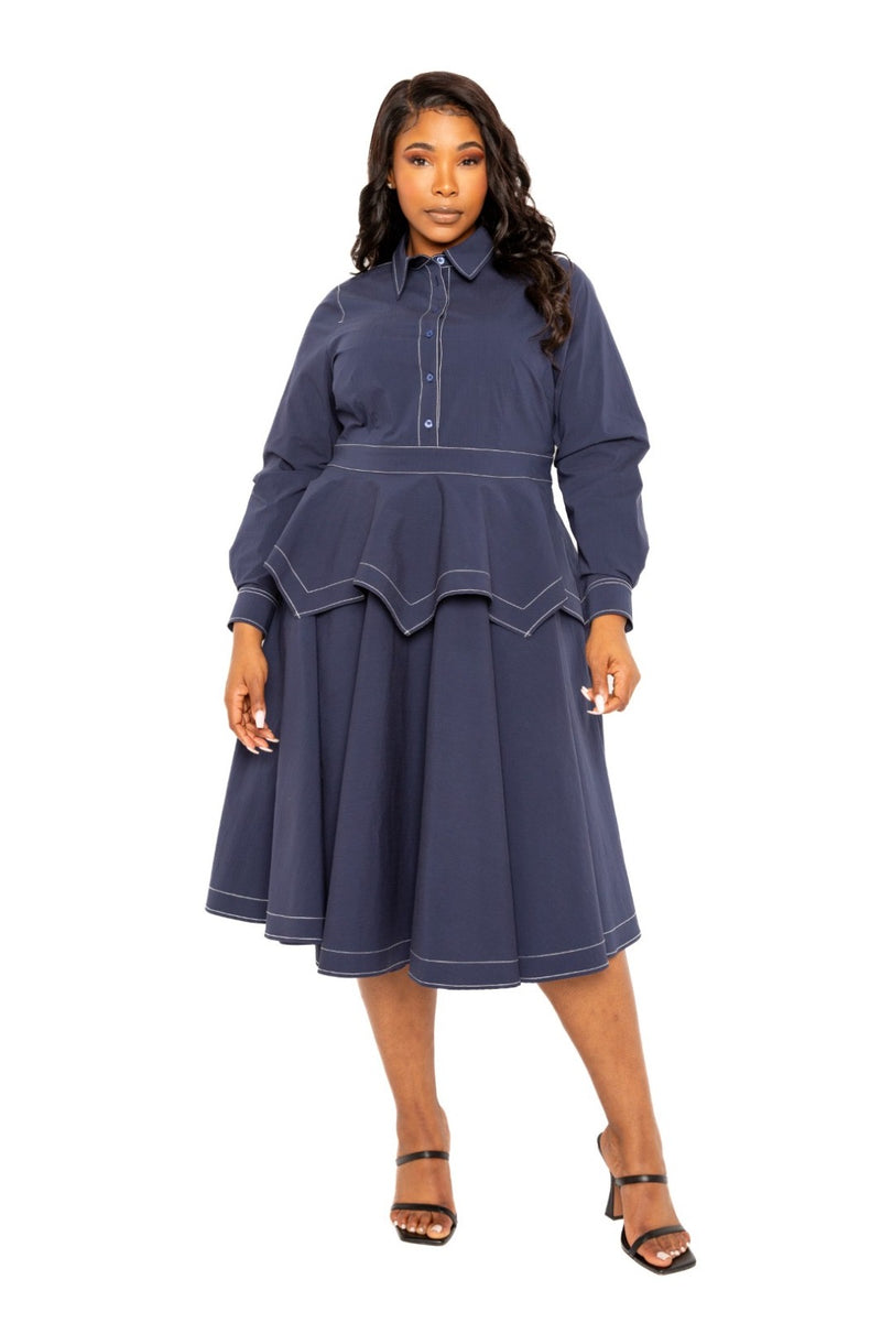 TOPSTITCHED  LONG SLEEVE PEPLUM SHIRT DRESS