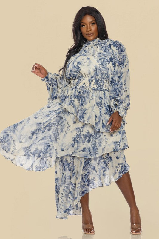 BUBBLE SLEEVE ASMETRIC RUFFLE DRESS