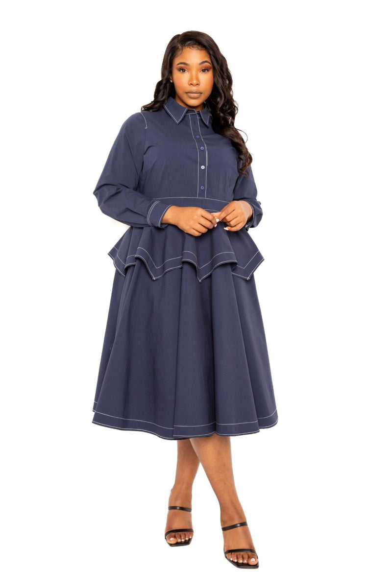 TOPSTITCHED  LONG SLEEVE PEPLUM SHIRT DRESS