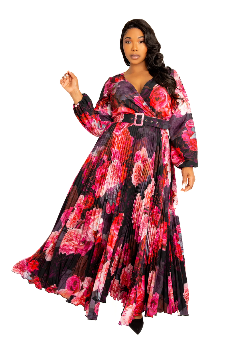 FLORAL PLEATED MAXI DRESS WITH BELT