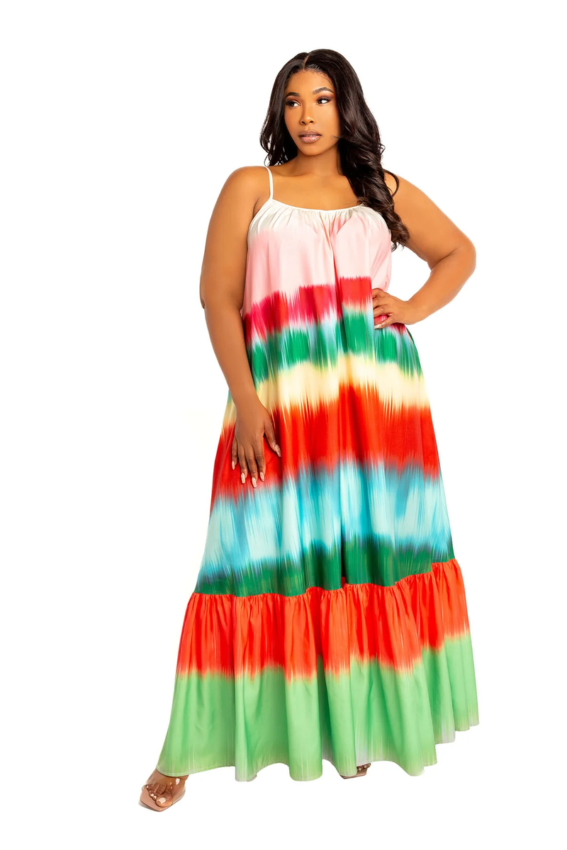 OMBRE STRIPE VOLUMINOUS MAXI DRESS